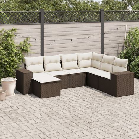 Salon de Jardin 7 Places en Résine Tressée Marron avec Coussins Crème - Canapé d'Angle, Sièges et Pouf Modulables (1/5)