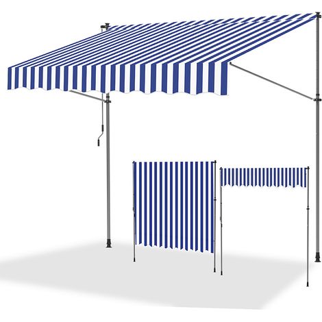 TolleTour Toldo de balcón azul y blanco, 350x120 cm, retráctil, protección UV, para terraza