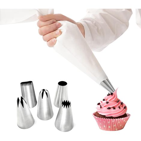 Kit de 6 poches à douille réutilisables professionnelles - 5 douilles à pâtisserie et 1 poche à douille en coton blanc en silicone, cupcakes et muffins à faire soi-même (1/2)