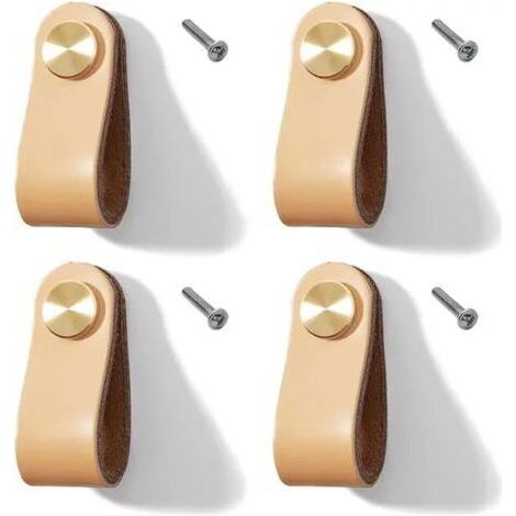 Lot de 4 poignées de meuble en cuir pour poignée en cuir, armoires de cuisine, armoires (beige, trou unique) (1/5)