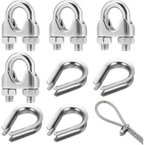 Serre cable inox pour câble métallique 4 mm, jeu de 4 pièces en acier inoxydable 304 avec colliers en U et cosses M4 pour la fixation de câbles en acier, de câbles métalliques et d'auvents (1/5)