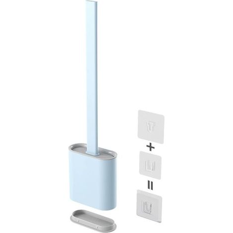 Brosse de toilette en silicone, brosse de toilette murale en silicone, ensemble de brosses de toilette à séchage rapide avec long manche, brosse de toilette murale/sur pied, bleu clair (1/5)