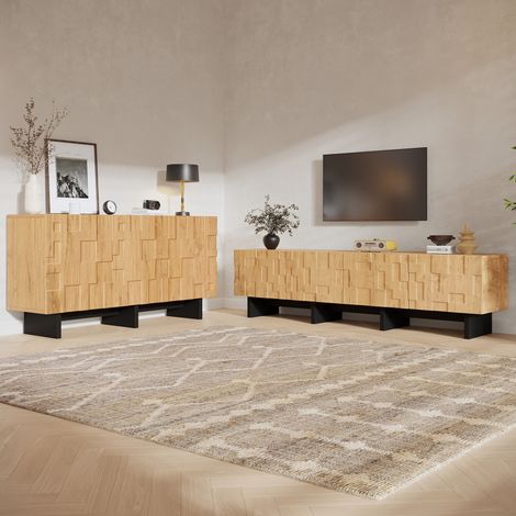 Conjunto de mueble TV y aparador (180x38.5x45 cm y 140x40x70 cm), 4 puertas, MDF y tablero aglomerado, color natural (1/5)