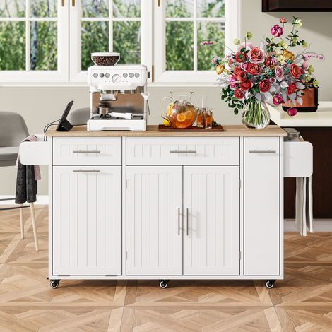 REDOM Desserte de cuisine 110x70x90 cm chariot de rangement bois blanc avec prise et table rabattable