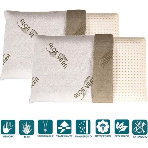 EVERGREENWEB - Cuscino 40x70 BASSI 9 cm, Modello Saponetta, Imbottitura 100% MEMORY FOAM, tessuto ALOE VERA Sfoderabili, Guanciale Ortopedico per dolori Cervicali con DISPOSITIVO MEDICO