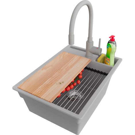 PRIMAGRAN Evier Cuisine en Granit 38x53cm,Lavabo 1 bac + Robinet 38x14cm + Kit de Vidage + Accessoires, Évier à Encastrer au meuble 40cm - Oslo Pocket, Gris (1/5)
