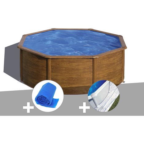 Kit piscine acier aspect bois Gré Sicilia ronde 3,70 x 1,22 m + Bâche à bulles + Tapis de sol