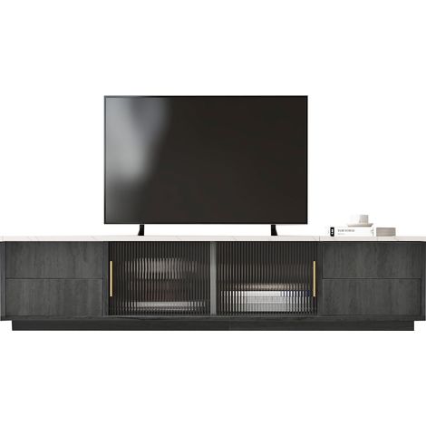 Meuble TV Deluxe 160 cm pour téléviseur 70 pouces – gris élégant avec plateau effet marbre, gestion des câbles et tiroirs push-to-open