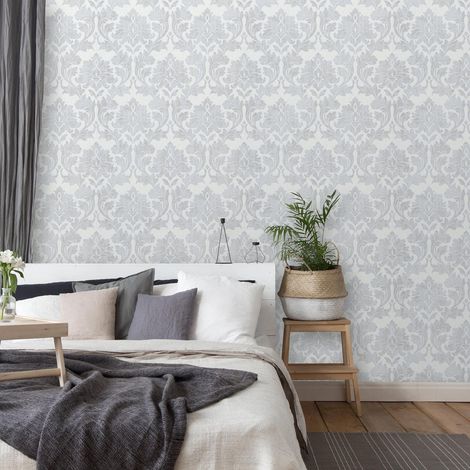 Papier peint baroque gris & crème chambre adulte | Tapisserie baroque couleur clair idéale salon | Papier peint élégant intissé (1/4)