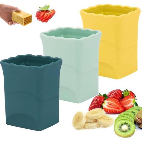 Tagliafrutta in 3 pezzi con accessorio a tazza per fragole e banane, pratico e veloce. (1/5)