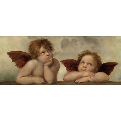 Tableau connu pour chambre | Tableau sur toile baroque idéal pour salon | Tableau motif anges et nuages beige, gris et orange 1,0 x 0,4 m (1/2)