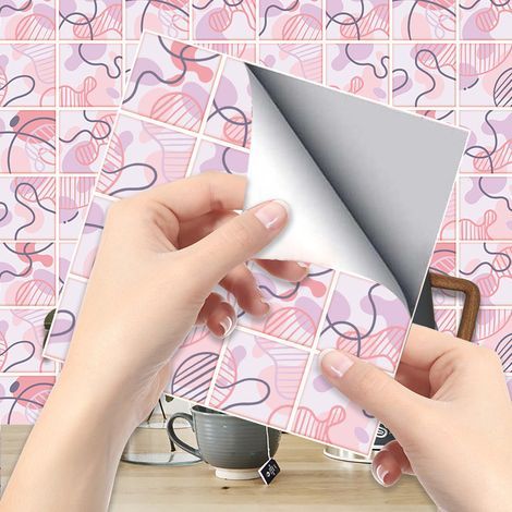 6 piastrelle impiallacciate con motivo floreale rosa (20 x 20 cm) – Piastrelle autoadesive in PVC per cucina, soggiorno, bagno e decorazione d'interni (1/5)
