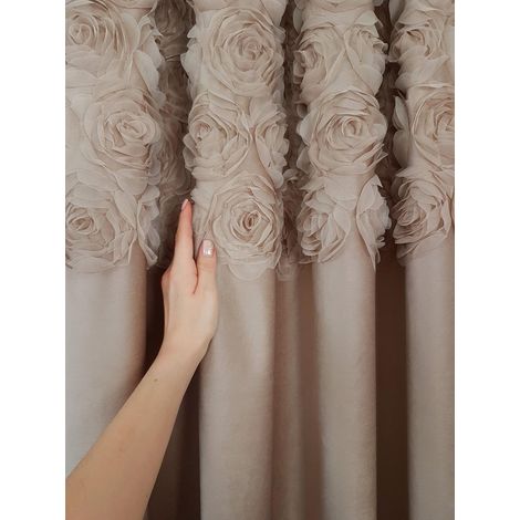 Cortina de terciopelo con rosas, color beige, 130 x 250 cm - terciopelo, con cinta fruncidora (1/5)