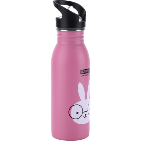 Edelstahl-Sport-Trinkflasche 500 ml, niedliche, vakuumisolierte Trinkflasche mit Saugnapf für Outdoor-Sportarten, rosa Hasenmotiv (1/5)