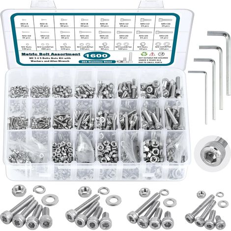 Assortiment de vis métrique1600Pcs,Assortiment de boulons métriques M2 M3 M4 M5,Vises métriques en acier inoxydable304,Kit d'assortiment d'écrous et de boulons de bouchons de tête de prise hexagonale