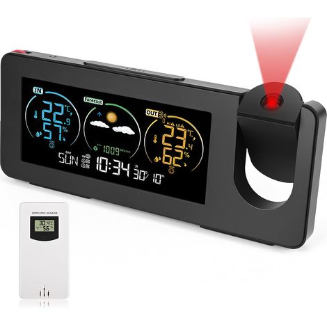 Stazione meteorologica wireless per interni ed esterni, termometro e igrometro con proiezione, sensore, previsioni del tempo, sveglia, data e ora, retroilluminazione regolabile, barometro