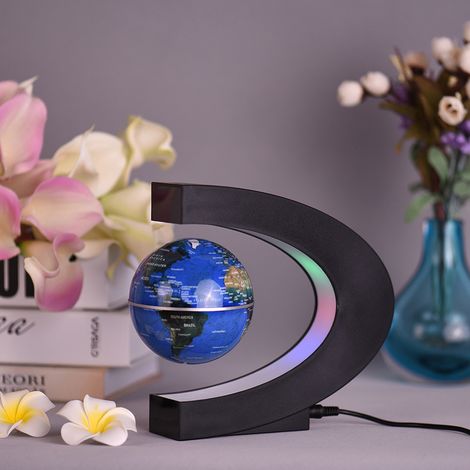Globe terrestre magnétique flottant de 7,6 cm (3 pouces) avec base en forme de C et éclairage LED, idéal pour l'enseignement, la maison, le bureau et la décoration. (1/5)