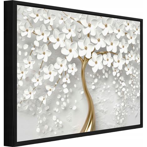 Gerahmtes Leinwandbild mit schwarzem Rahmen, 3D-Baum und Blumen für Wohnzimmer und Schlafzimmer, hochauflösender Druck, 60 x 40 cm