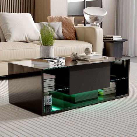 Design Couchtisch mit RGB-LED, Schublade und Glasregalen, 100x50cm, schwarz glänzende Oberfläche, skandinavischer Stil