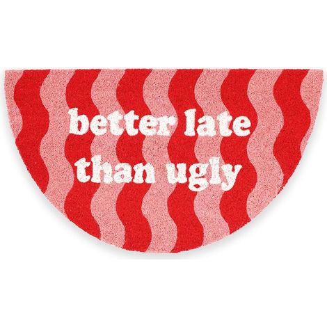 Tapis d’entrée “Better Late” en Coco avec Base antidérapante en PVC. Tapis intérieur Rose Peint à la Main, avec Un Message Amusant. Taille : 70 x 40 cm. (1/5)