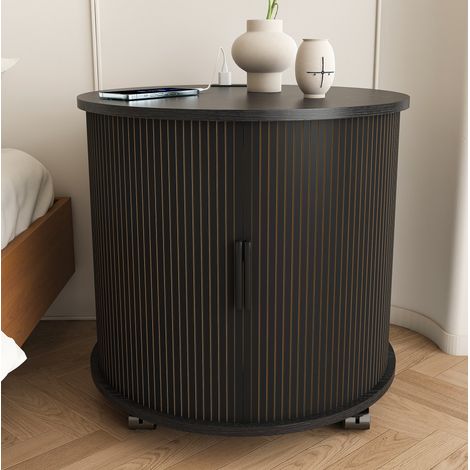 Comodino cilindrico nero in MDF con presa AC e 2 USB, porta scorrevole, 60 x 60 x 60 cm (1/5)