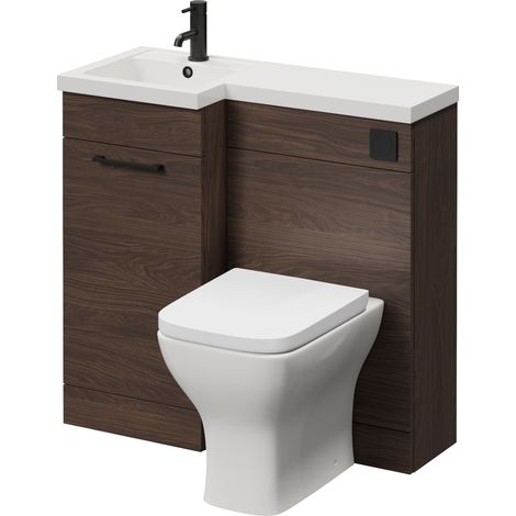 Napoli 390 Brown Oak 900mm Single Door Vanity Unit Toilet Suite with Left Hand Square Lucia Basin - 900mm - Matt Black 160mm HandleWith Kingston Toilet Pan and Seat