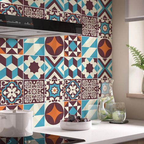 Sticker Mural Carrelage adhésif Cuisine Salle de Bain - 9 STICKERS CARREAUX DE CIMENT AZULEJOS LOPIGNA - 9stickers15x15cm (1/5)