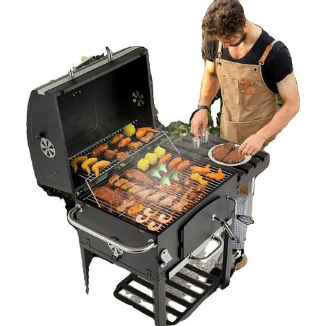 Chariot de barbecue au charbon, grille de barbecue 57x42 cm, barbecue isolant thermique 54x20 cm, ventilation réglable 4, thermomètre intégré, bol à charbon réglable en hauteur (1/5)