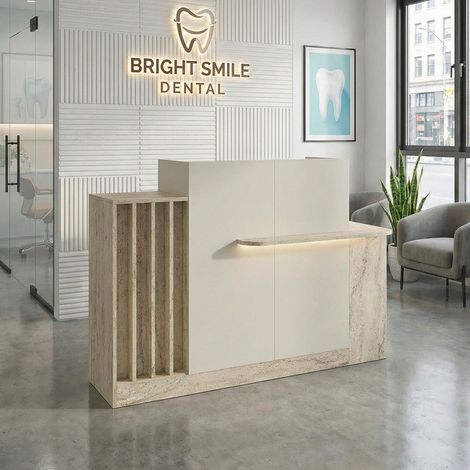 Bancone Reception Dayana 150 cm Cashmere e Travertino con LED – Design Moderno (1/5)