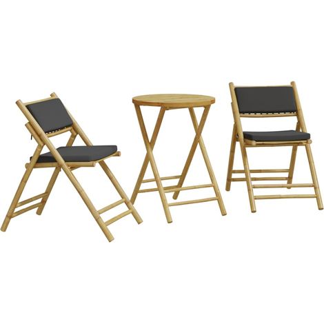 Ensemble de bistro pliante 3 pcs et coussins gris foncé bambou (1/5)