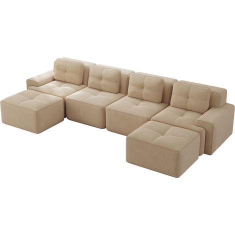 4-Sitzer U-Modulsofa aus beigem Cord mit Chaiselongue, ohne Montage, rutschfest (1/5)