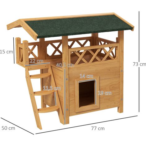 Cuccia per gatti a 2 livelli 77x50x73 cm con tetto in asfalto, scaletta e balcone per uso esterno, colore naturale