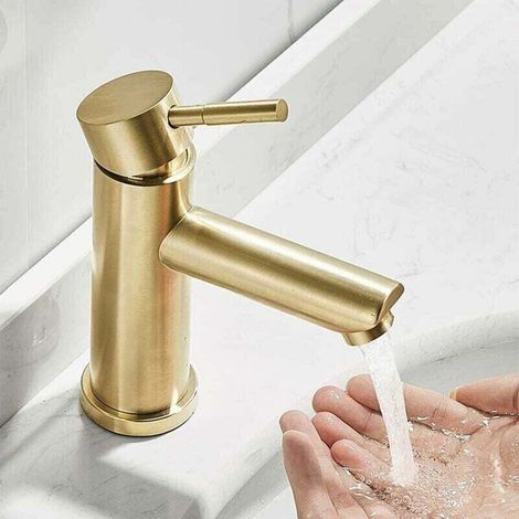 Robinet Lavabo Robinet Salle De Bain, Moderne Design Élégant Laiton Doré Brossé Mitigeur Lavabo, Eau Chaude Et Froide Disponible, Valve En Céramique (1/3)