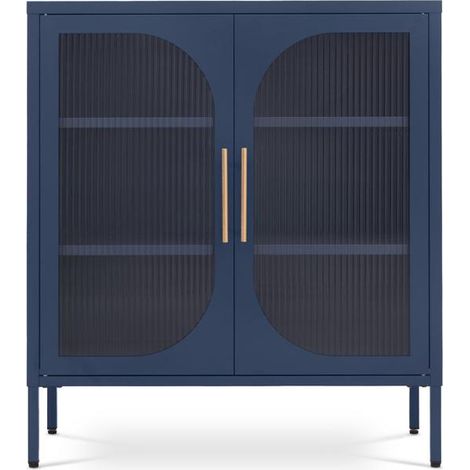 Metall-Sideboard Mit 2 Türen In Nachtblau Und Geriffeltem Glas 80cm Luka