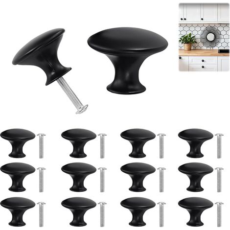 Boutons de meuble noirs en inox, lot de 12 avec vis, placards, tiroirs et commodes (1/5)