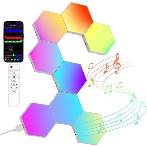 Panneau LED Hexagonal Gaming Murale Lampe— 8pcs Smart Music Sync Deco Modulaires RGB Lights App&Télécommande Contrôle Gaming Setup DIY Creative Appliques Murales [Classe énergétique F] (1/4)