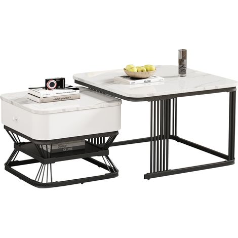 Set de tables basses 2 pièces, design géométrique, finition marbre brillante, ensemble de salon avec 1 tiroir, table canapé et table d’appoint, idéal petits espaces, blanc + noir, 70x70x45 cm + 50x50x