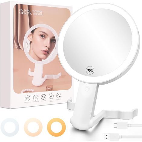 Double-Sided Magnifying Mirror (30X and 1X) with 3-Color Lighting, USB-C Rechargeable, 360° Rotation, for Travel and Tabletop Use (1/5)
