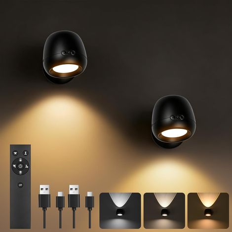 Applique murale LED d'intérieur lot de 2 haut et bas rechargeables avec batterie 3600 mAh commande tactile et télécommande,3 modes luminosité applique sans fil pour chambre à coucher et salon-Noir (1/5)