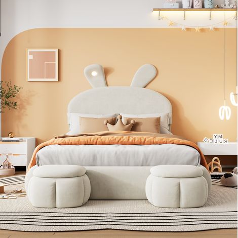 Cama doble tapizada con almacenaje hidráulico beige OKMYHOME (1/5)