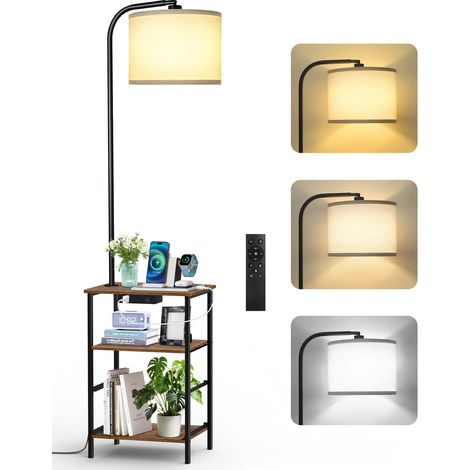 Lampadaire sur Pied avec Table d’Appoint et Télécommande, Lampe Dimmable à 3 Températures, Table de Chevet avec Ports USB, LED 12W, 2 Tiroirs en Tissu et Étagères pour Salon ou Chambre (1/5)