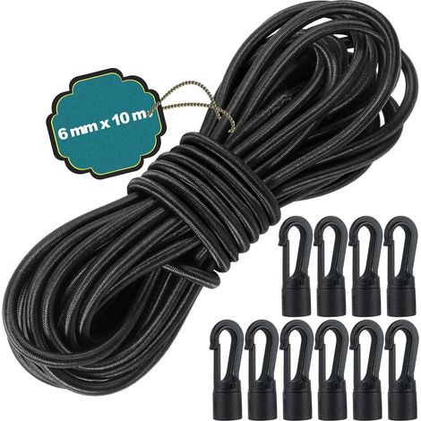 6 mm x 10 m Tendeur Elastique, Corde Élastique Noir avec 10 Crochets en Plastique, Sandow Elastique en Latex pour Bâche de Remorque, Bateau, Camping, Tente, Sac à Dos (6 mm x 10 m) (1/5)