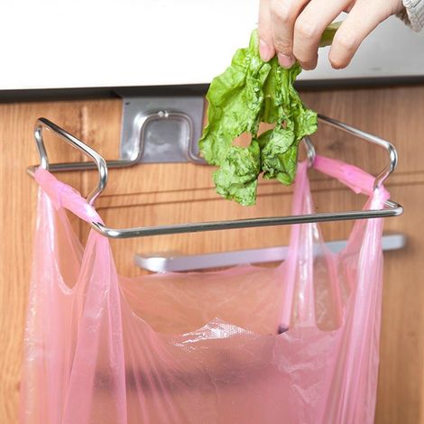 Support de porte en acier inoxydable pour sac poubelle de cuisine, à suspendre derrière la porte. (1/5)
