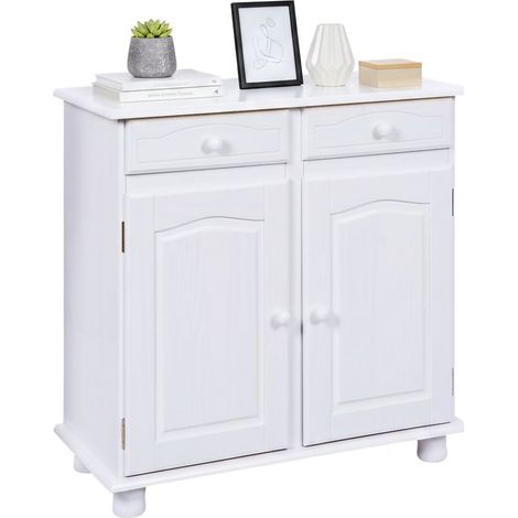 Dmora Sideboard mit 2 Türen und 2 Schubladen aus weiß wasserlackierter massiver Kiefer