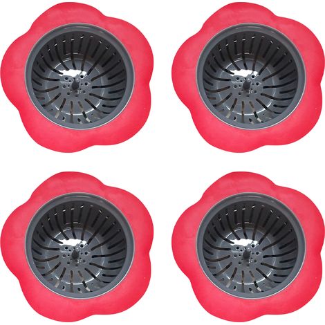 Lot de 4 passoires d'évier en silicone, paniers filtrants universels pour évier de cuisine, jolies passoires à cheveux en plastique faciles à nettoyer (rouge)