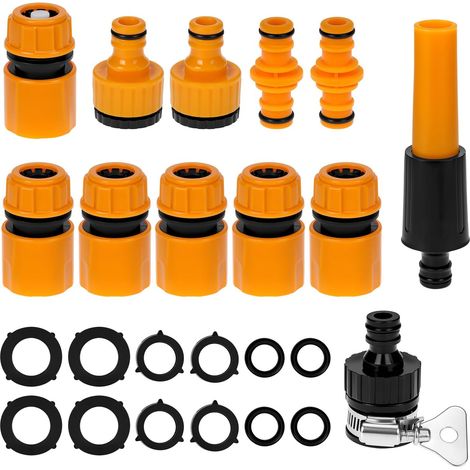 Raccord tuyau arrosage jardin, raccords rapides pour tuyaux d'irrigation set avec buse, arrêt d'eau, raccord de robinet universel, connexion 2-en-1 de 1/2 pouce et 3/4 pouce (1/5)