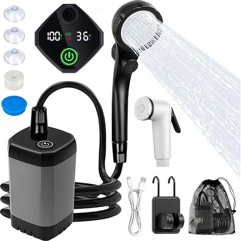 Douche Portable - Pompe Électrique 6000 mAh - Affichage Numérique LED - Étanche IPX7 - 4 Modes de Pulvérisation - Pour Camping, Plage, Randonnée, Nettoyage Animal (1/3)