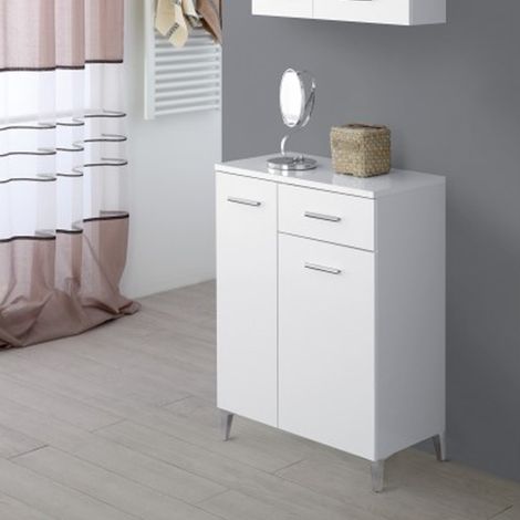 Mobiletto Bagno Base Colonna in Legno Bianco Lucido 2 Ante 1 Cassetto Feridras (1/8)