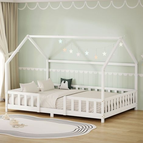 ML-Design Cama Infantil 140x200cm Blanco, con Protección Anticaída, Techo y Somier, Estructura Listones de Madera de Maciza de Pino Lecho de Suelo Montessori Forma de Casa Mobiliario Juvenil/Niños (1/5)
