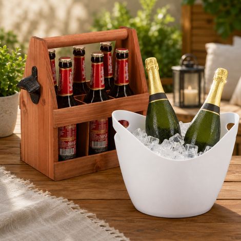 Ensemble de service pour bière et boissons (2 pièces) – Porte-bouteilles en bois pour 6 bouteilles avec décapsuleur et seau à glace de 8 litres (1/5)